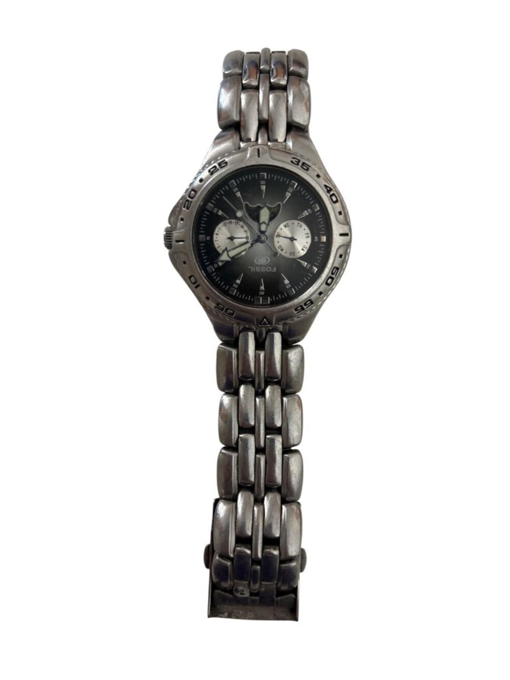 Fossil Blue BQ-9135 Mens Watch Black Dial Stainless Bracelet Day Date 100m WR